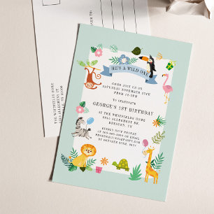 Wilde Eén Safari Jungle Dieren 1e Verjaardag Uitnodiging Briefkaart