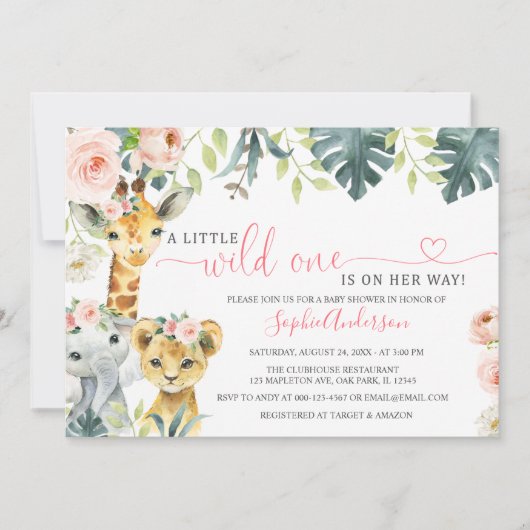 Wilde één safari oerwoud meisje baby shower in kaart (Voorkant)