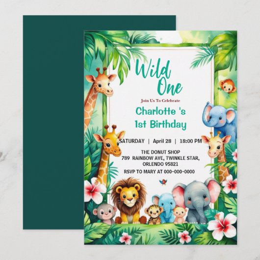 Wilde Eén Schattig Jungle Dier Kind's 1e Verjaarda Kaart (Voorkant / Achterkant)