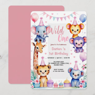 Wilde Eén Schattige Dieren Ballon cupcake 1e Verja Kaart