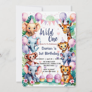 Wilde Eén Schattige Dieren Ballon kinderen 1e Verj Kaart