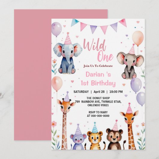 Wilde Eén Schattige Dieren Ballon Meisjes 1e Verja Bedankkaart (Voorkant / Achterkant)