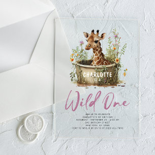 Wilde Eén Schattige Giraffe 1e Verjaardag Boho Die Acryl Uitnodigingen