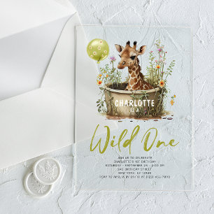 Wilde Eén Schattige Giraffe 1e Verjaardag Boho Die Acryl Uitnodigingen