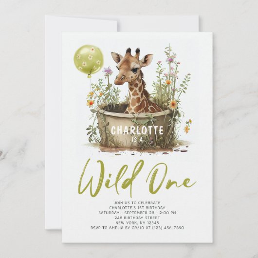 Wilde Eén Schattige Giraffe 1e Verjaardag Dieren B Kaart (Voorkant)