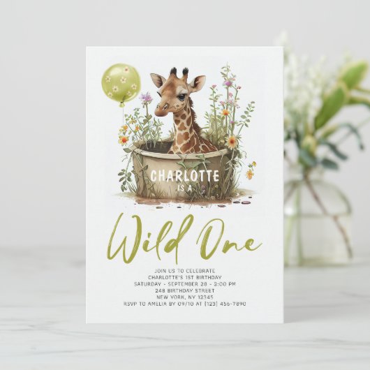 Wilde Eén Schattige Giraffe 1e Verjaardag Dieren B Kaart (Staand voorkant)