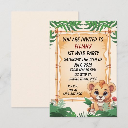 Wilde Eén Schattige Leeuw Jungle Thema Uitnodiging (Voorkant / Achterkant)