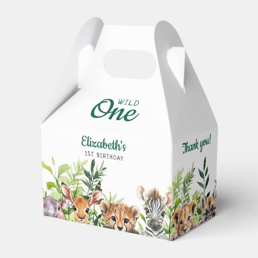 Wilde Eén Waterverf Safari Dieren 1e Verjaardag Bedankdoosjes (Voorkant Zijde)