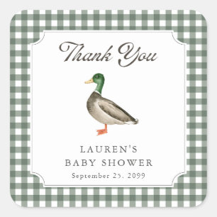 Wilde Eend Groene Gingham Baby Shower Bedankt Vierkante Sticker