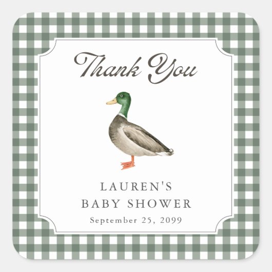 Wilde Eend Groene Gingham Baby Shower Bedankt Vierkante Sticker (Voorkant)