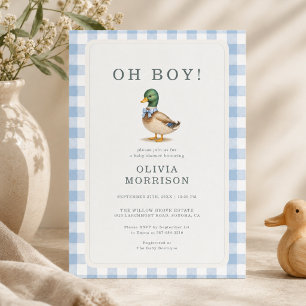 Wilde Eend Oh Boy Blauwe Gingham Baby Shower Kaart