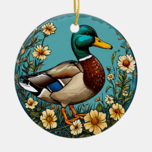 Wilde Eend Omringd door Levendige Bloemen in een S Keramisch Ornament