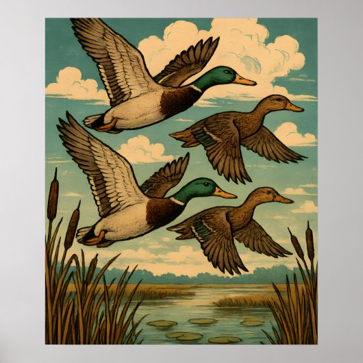 Wilde eenden in vlucht Wildlife Art Poster (Voorkant)