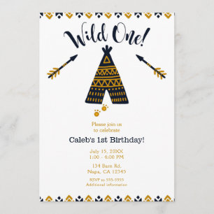 Wilde Eerste Verjaardag Blauw & Goud Tepee Feest Kaart