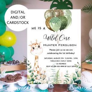 Wilde eerste verjaardag giraffe jungle ballonnen kaart
