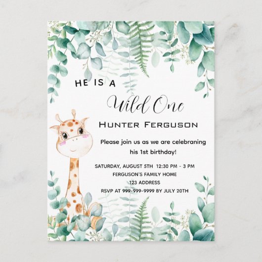 Wilde eerste verjaardag giraffe jungle oerwoud uitnodiging briefkaart (Voorkant)