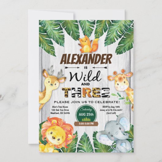 Wilde en Drie derde verjaardag uitnodiging safari (Voorkant)