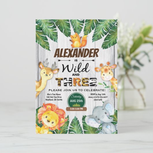 Wilde en Drie derde verjaardag uitnodiging safari (Staand voorkant)