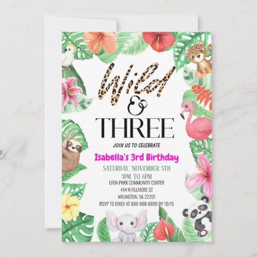 Wilde en Drie Tropische Dierlijke Derde Dag Partij Kaart (Voorkant)