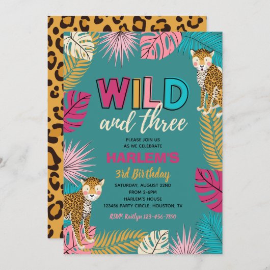 Wilde en Drie Uitnodiging | Cheetah Invitation (Voorkant / Achterkant)