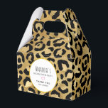 Wilde en exotische luipspatroon bedankdoosjes<br><div class="desc">Een gunstbox met een stijlvol patroon. Exotische zwarte luipaard vlekken op een gouden achtergrond. Wilde maar elegante stijl. Een wit gekleurd cirkelvormige lijst met een faux gouden folie rand gelaagd over de top met uw gepersonaliseerde tekst binnen.</div>