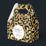 Wilde en exotische luipspatroon bedankdoosjes<br><div class="desc">Een gunstbox met een stijlvol patroon. Exotische zwarte luipaard vlekken op een gouden achtergrond. Wilde maar elegante stijl. Een wit gekleurd cirkelvormige lijst met een faux gouden folie rand gelaagd over de top met uw gepersonaliseerde tekst binnen.</div>