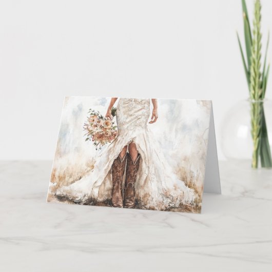 Wilde en sierlijke bruid in laarzen en kant kaart (Voorkant)