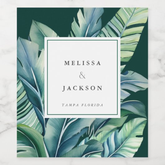 Wilde en tropische bladeren Exotisch Bladgroen Wijn Etiket (Enkel label)