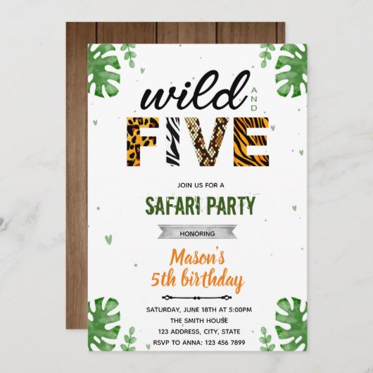 Wilde en vijf safari dierentuin uitnodiging (Voorkant / Achterkant)