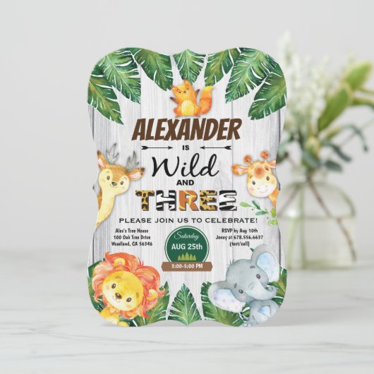 Wilde en vrije 3de verjaardag uitnodiging safari (Staand voorkant)