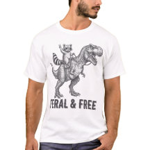 Wilde en vrije wasbeer rijdt op een T-Rex, grappig