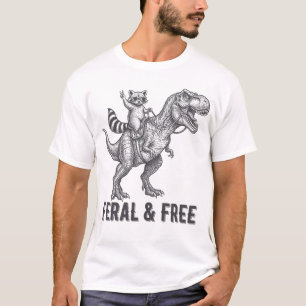 Wilde en vrije wasbeer rijdt op een T-Rex, grappig T-shirt