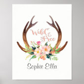 Wilde en Vrije Waterverf Deer Antler en Bloem Poster (Voorkant)