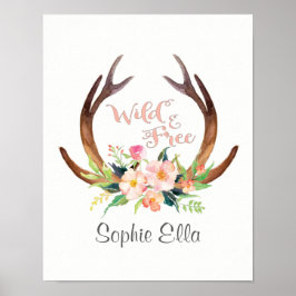 Wilde en Vrije Waterverf Deer Antler en Bloem Poster