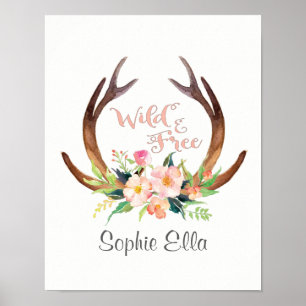 Wilde en Vrije Waterverf Deer Antler en Bloem Poster