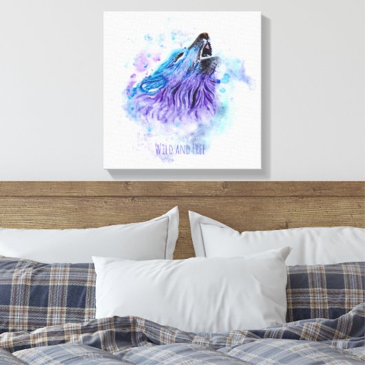 Wilde en Vrije Waterverf Wolf - Mixed Media Canvas Afdruk (Insitu (Slaapkamer))