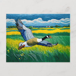 Wilde gans die over bloeiende weide vliegt feestdagenkaart