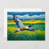 Wilde gans die over bloeiende weide vliegt feestdagenkaart (Voorkant / Achterkant)