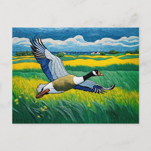 Wilde gans die over bloeiende weide vliegt feestdagenkaart (Voorkant)