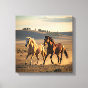 Wilde Gezellen bij Zonsondergang – Renpaard Wandku Canvas Afdruk