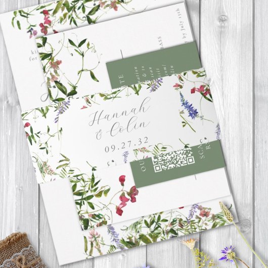 Wilde grillige bloemen & groen uitnodigingen wikkel