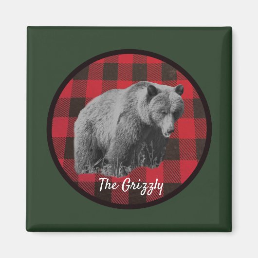 Wilde Grizzlybeer Buffalo Plaid Magneet (Voorkant)