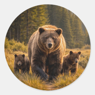 Wilde grizzlybeer met welpen ronde sticker