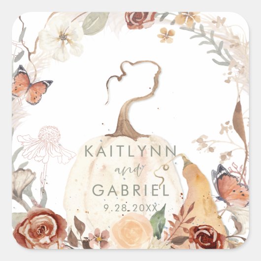 Wilde Herfst Pumpkin Wreath Waterverf Weddenschap Vierkante Sticker (Voorkant)