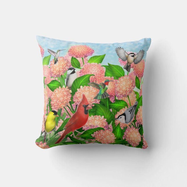 Wilde hobbyvogels op Hydrangea Flowers Pillow Kussen (Voorkant)