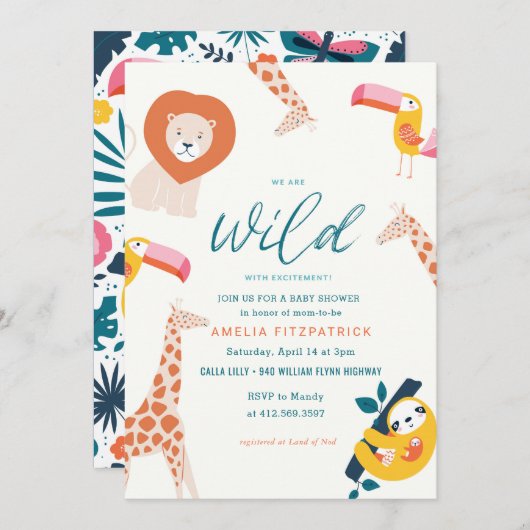 Wilde Jungle Dieren Baby Shower | Wit Kaart (Voorkant / Achterkant)