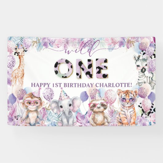 Wilde Jungle Dieren Safari 1e Verjaardag Welkom Spandoek (Horizontaal)