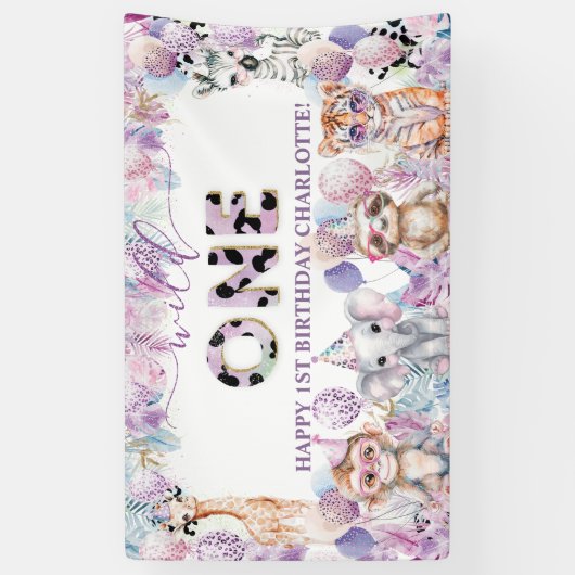 Wilde Jungle Dieren Safari 1e Verjaardag Welkom Spandoek (Verticaal)