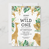 Wilde Jungle Safari Goud Groen 1e Verjaardag Kaart (Voorkant)
