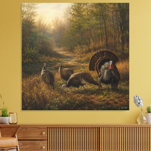 Wilde kalkoenen in het herfstbos canvas afdruk (Insitu (Woonkamer))